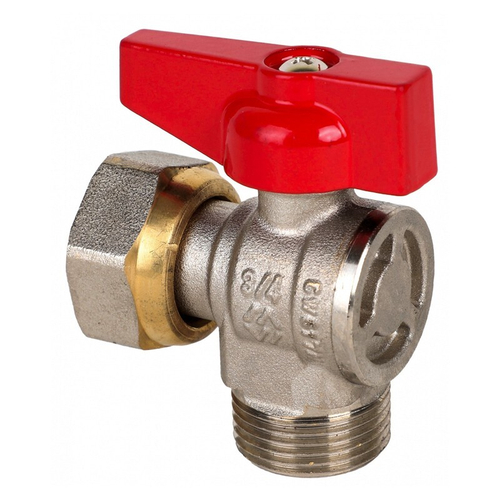 Кран латунный шаровой MVI BV.533, DN 15, PN 40, угловой, никелированный, полнопроходной, бабочка, штуцер-накидная гайка