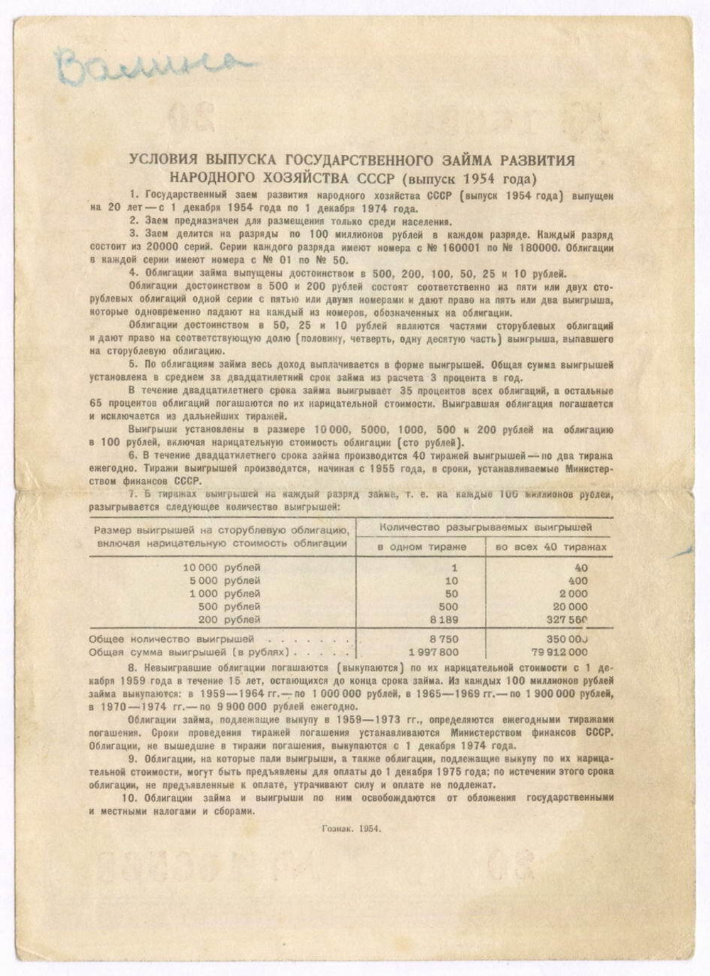 Облигация 25 рублей 1954 год. Серия № 166568. VG (подпись)