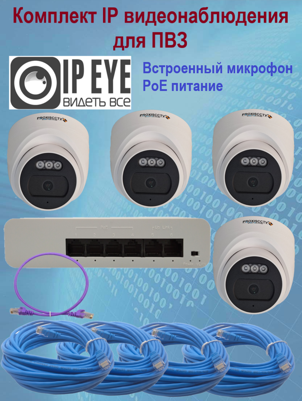 Комплект из 4 купольных камер IP-видеонаблюдения 2 Мп для ПВЗ / PoE / IPEYE / с микрофоном
