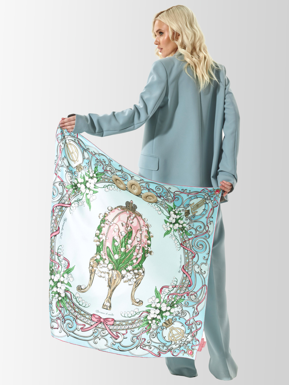 Платок «Яйцо Фаберже Ландыши» 100% шёлк лазурный