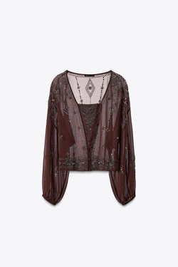 ZARA БЛУЗА ИЗ ЖОРЖЕТА С ВЫШИВКОЙ И БУСИНАМИ, КОРИЧНЕВЫЙ