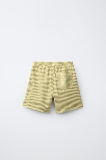 ZARA БЕРМУДЫ В ПОЛОСКУ ИЗ ХЛОПКА И ЛЬНА, ЭКРЮ/ЗЕЛЕНЫЙ