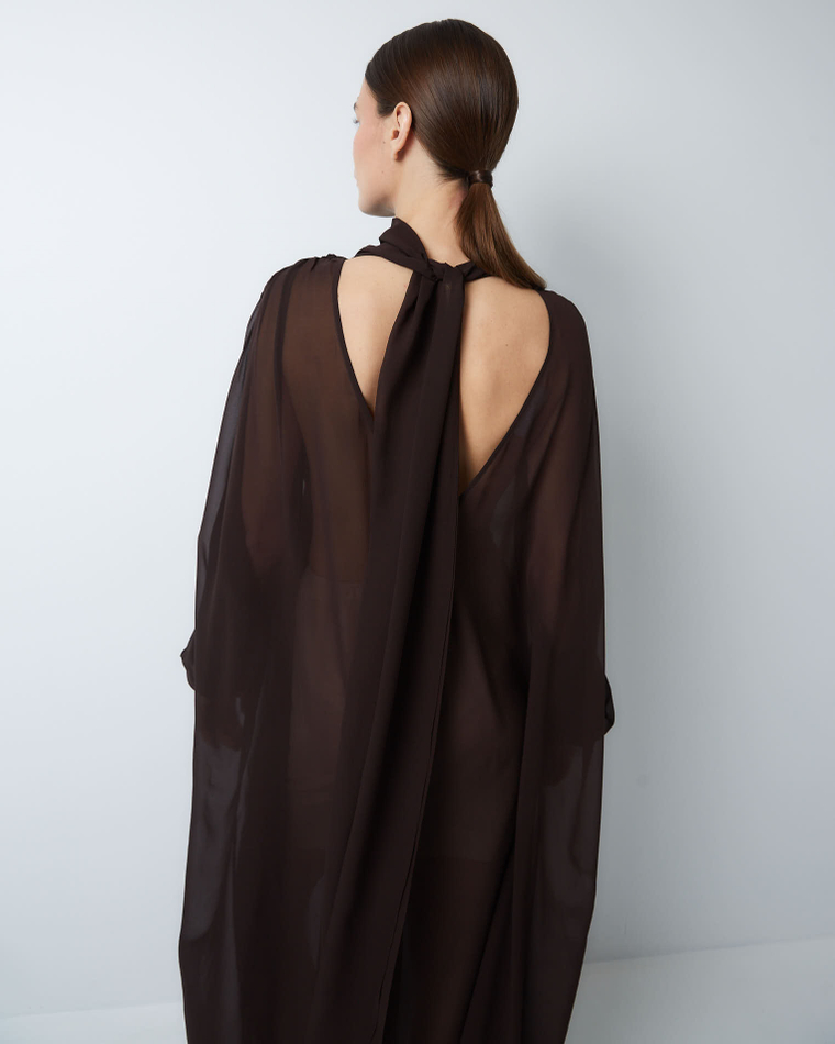 Платье с баской из шелкового шифона шоколад