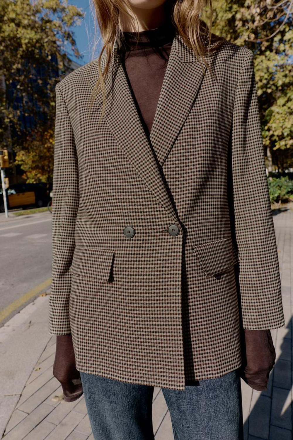 ZARA ДВУБОРТНЫЙ БЛЕЙЗЕР ОВЕРСАЙЗ, КОРИЧНЕВЫЙ/ЭКРЮ