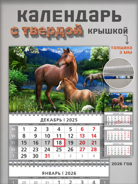 Настенный трехблочный квартальный календарь "Лошади"