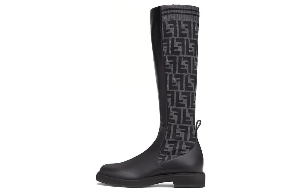 FENDI Rockoko Round Tip Long Shaft Boots Women"s Black Gray
