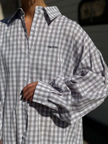 Серая хлопковая оверсайз рубашка в клетку