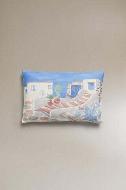 ZARA HOME ЧЕХОЛ ДЛЯ ДЕКОРАТИВНОЙ ПОДУШКИ С ПРИНТОМ, СИНИЙ