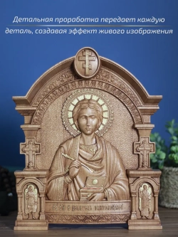 Пантелеймон Целитель икона деревянная резная, бук, 32х26 см