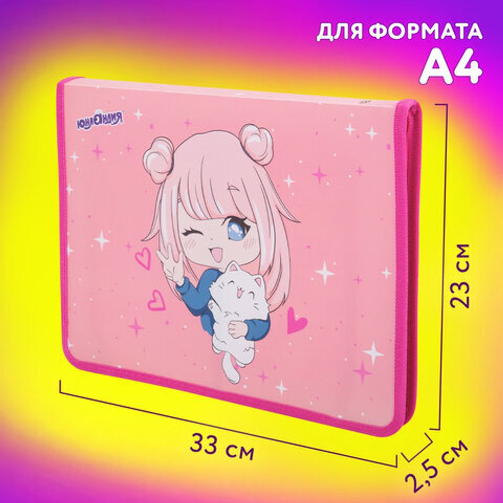 Папка для труда на молнии ЮНЛАНДИЯ А4, 1 отделение, откидная планка, органайзер, "Anime pals", 272222