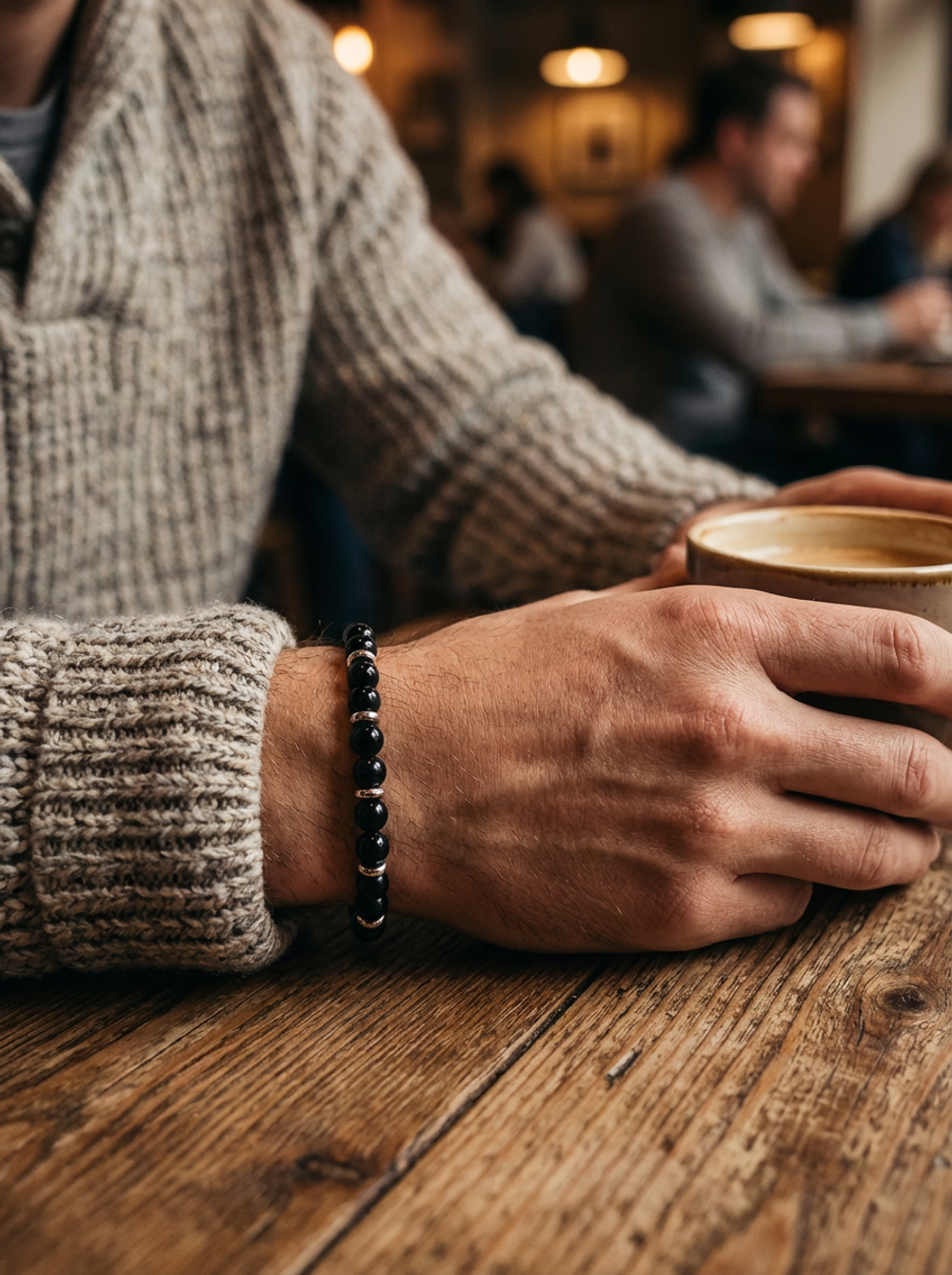 Браслет мужской из натурального чёрного агата