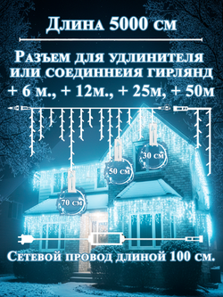 Гирлянда уличная Бахрома светодиодная белая 50 метров, морозостойкая, влагостойкая ip65