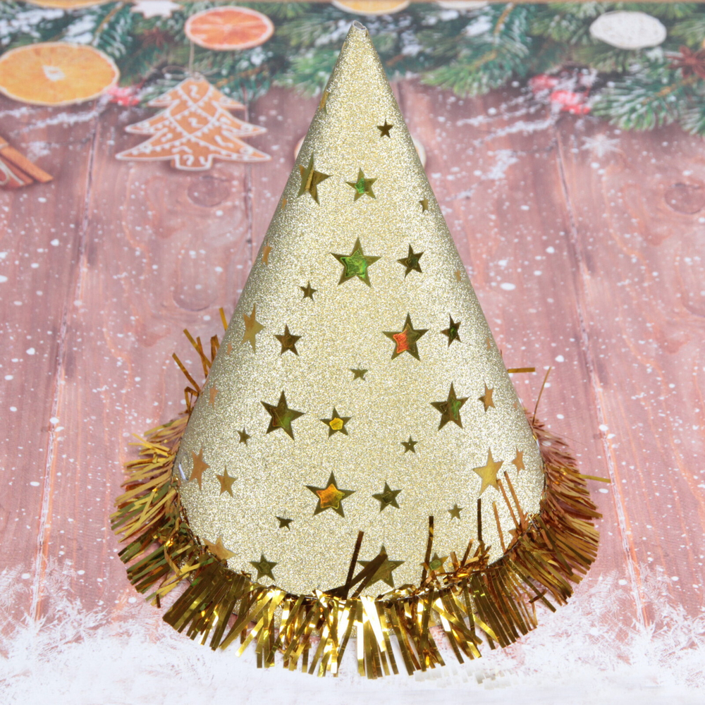 Колпак праздничный «Блеск» 20см с мишурой, цвет золото