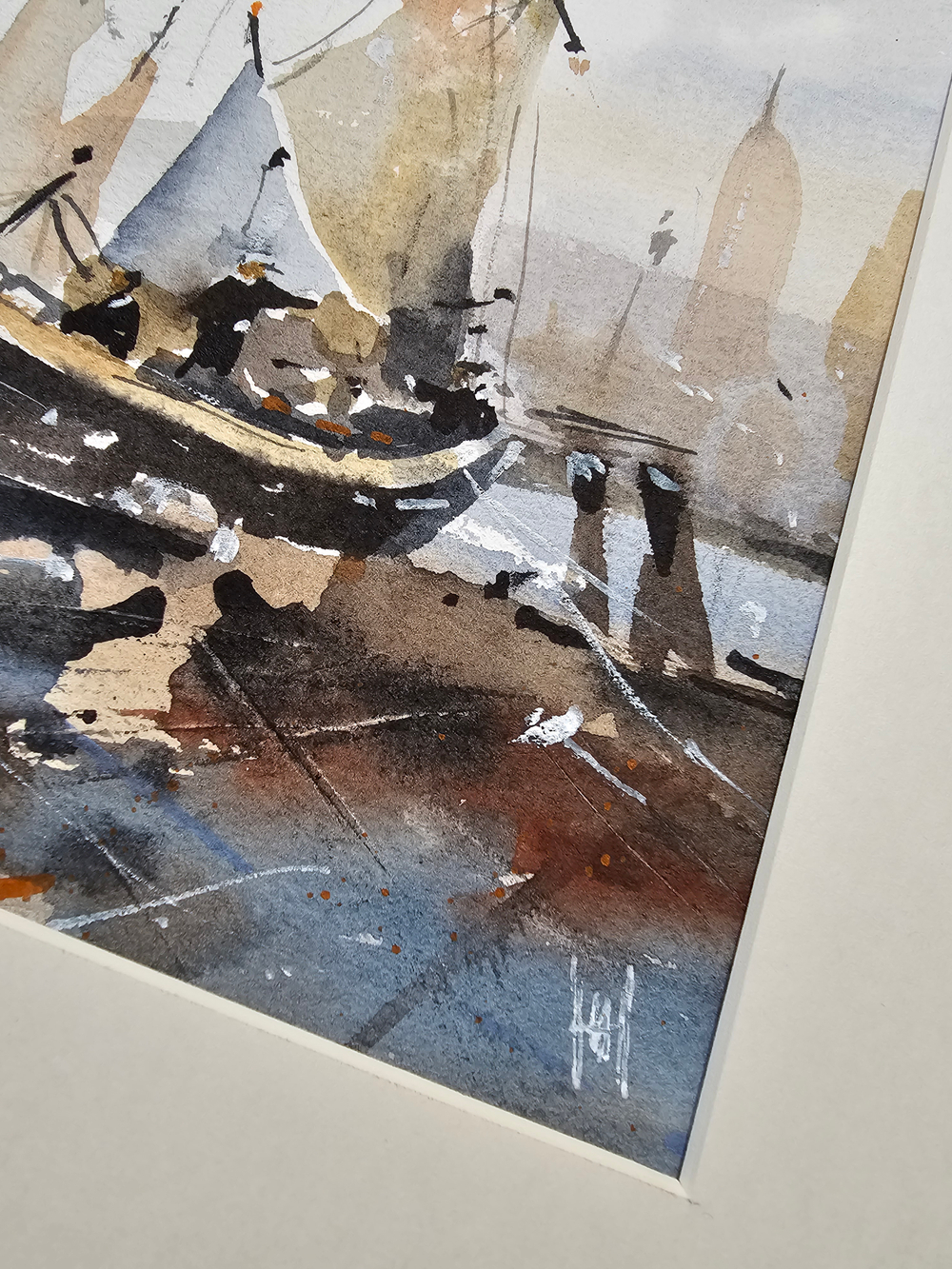 Картина авторская акварельная в паспарту 30х40 см на стену для интерьера "В порту"