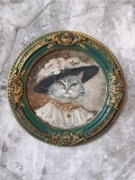 Картина маслом в круглой рамке Кошка