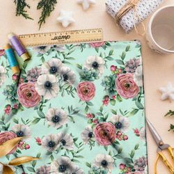 Ткань шифон пыльные розы и петуньи на зелёном фоне