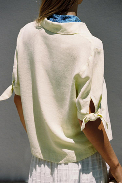 ZARA РУБАШКА ИЗ РАМИ С КОРОТКИМИ РУКАВАМИ И ЗАВЯЗКАМИ, ЖЕЛТЫЙ