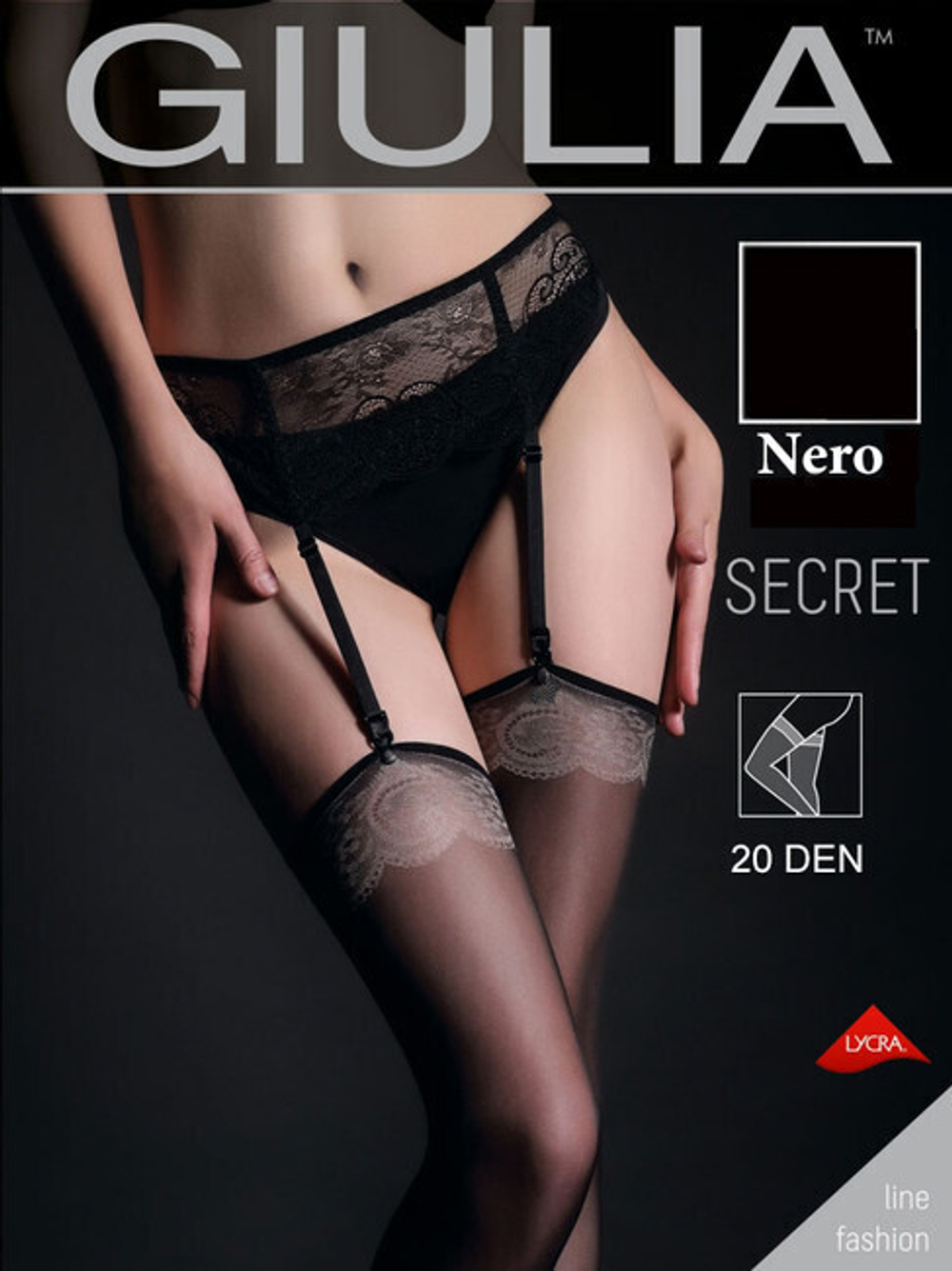 Чёрные чулки под пояс с фантазийным узором Secret Nero , 3/4 M/L,(44-46) 20 den (Цвет: черный с бежевым)