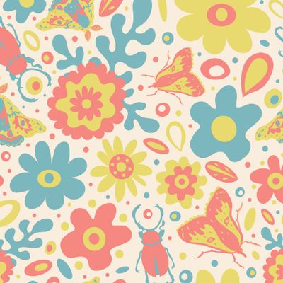 Яркий летний паттерн с цветами в стиле 60-х и насекомыми