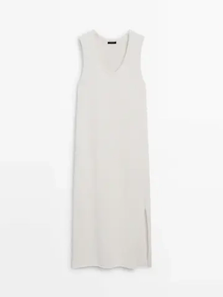 Massimo Dutti Платье миди из хлопкового трикотажа, натуральный, кремовый