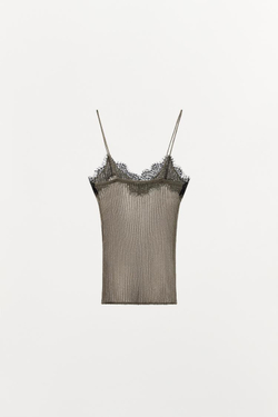 ZARA ТРИКОТАЖНЫЙ ТОП С БЛЕСТЯЩЕЙ НИТЬЮ И КРУЖЕВОМ, ЗОЛОТИСТЫЙ