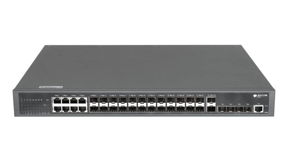 Управляемый коммутатор BDCOM S3900, 24 SFP 1Гбит/с, 8 RJ45 1Гбит/с, 6 SFP+ 10Гбит/с, L3, 2 БП
