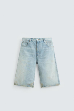 ZARA ДЖИНСОВЫЕ ШОРТЫ-БЕРМУДЫ BAGGY FIT В ВИНТАЖНОМ СТИЛЕ, ГОЛУБОЙ