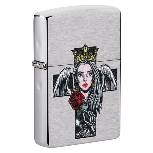 Зажигалка Zippo Cross Queen and Skull Design с покрытием Brushed Chrome