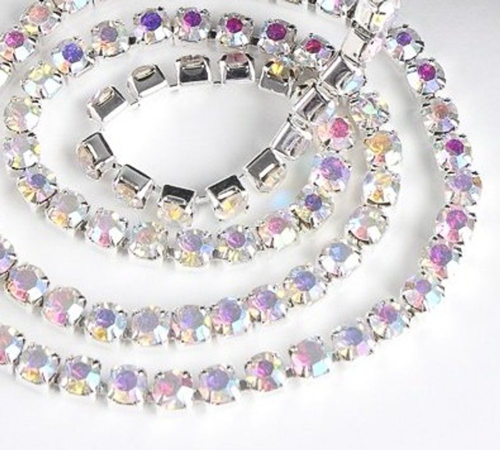 Цепь со стразами, ss16, ш. 4 мм, серебро напыление AB в серебряной оправе