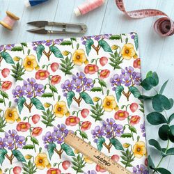 Ткань бифлекс нежные разноцветные цветы на бежевом фоне