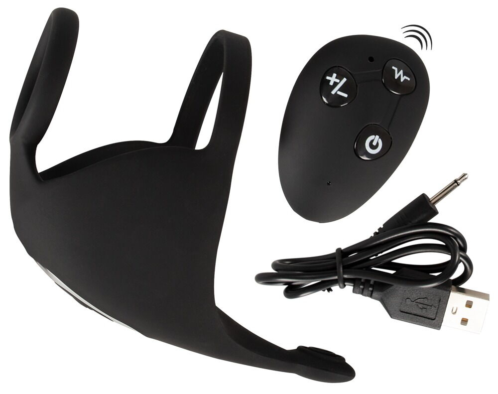 Черная вибронасадка для эрекции и стимуляции мошонки Cock ring with RC ball massager (Цвет: черный)