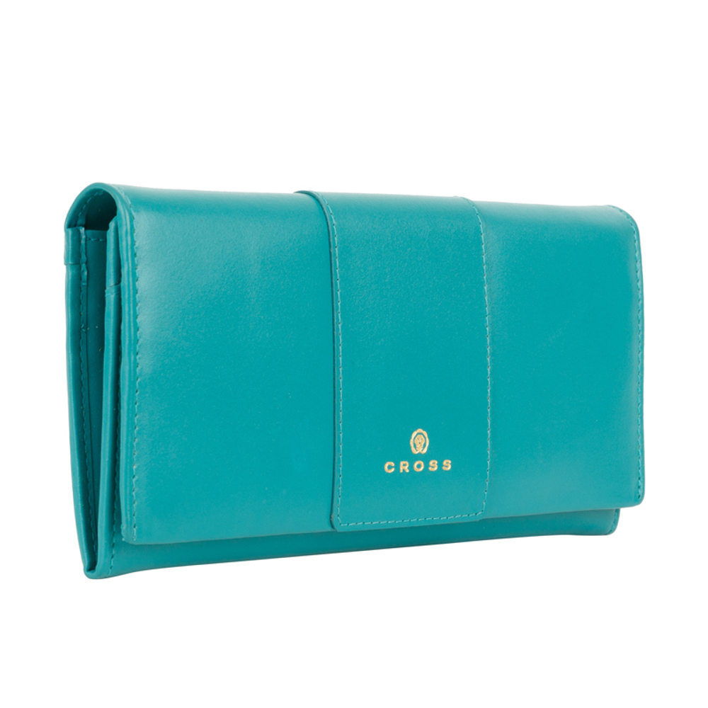 Отличный стильный американский большой бирюзовый женский кошелёк клатч из натуральной кожи 20х11х2,5 см CROSS Kelly Wall Turquish AC928288_1-28 в коробке