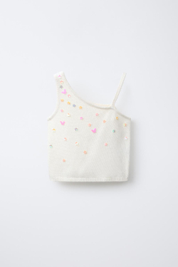 ZARA ТРИКОТАЖНЫЙ ТОП С АСИММЕТРИЧНЫМ ВЫРЕЗОМ И БУСИНАМИ, ЭКРЮ