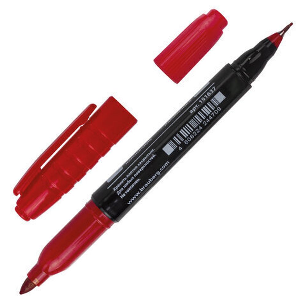 Маркер перманентный (нестираемый) двусторонний BRAUBERG "Double", КРАСНЫЙ, наконечники 0,8/3 мм, 151637