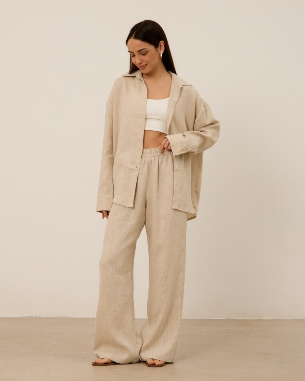 Брюки из 100% льна, бежевые