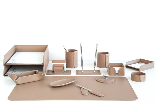 Настольный офисный набор 14 предметов из кожи, цвет cafe latte