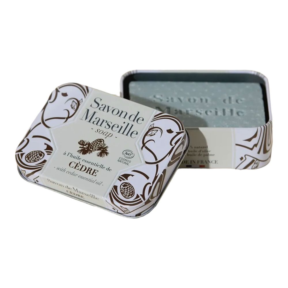 Марсельское мыло с эфирным маслом кедра в металлической упаковке, 100 г