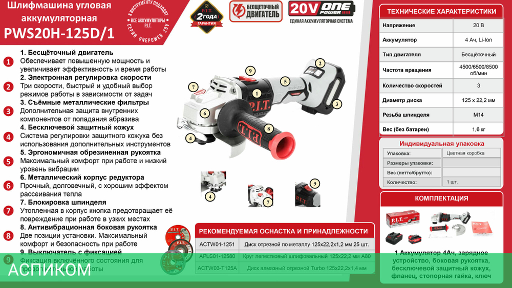 Угловая шлифмашина P.I.T. PWS20H-125D/1