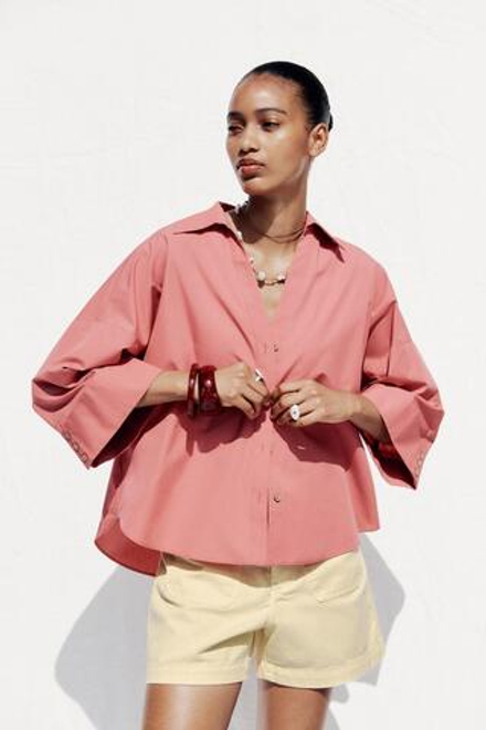 ZARA РУБАШКА ИЗ ПОПЛИНА С ШИРОКИМИ РУКАВАМИ, МАРСАЛА