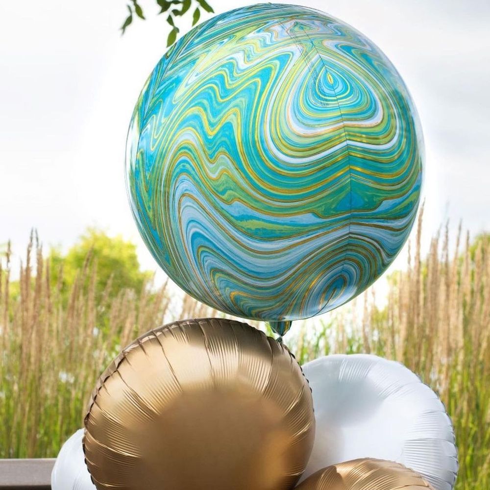 Шар 3D сфера, фольга, 15"/38 см, мрамор зеленый, синий (AN) (БГ-19) 