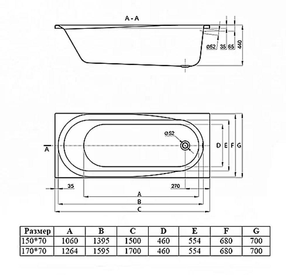 Ванна Vincea 150х70 VBT-2B150 белая