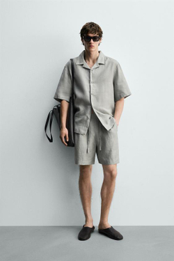ZARA ШОРТЫ RELAXED FIT ИЗ 100% ЛЬНА, СВЕТЛО-СЕРЫЙ
