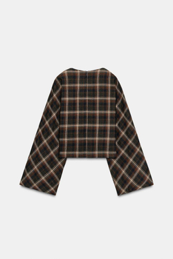 ZARA ТОП В КЛЕТКУ ИЗ ХЛОПКА, ТЕМНЫЙ ХАКИ