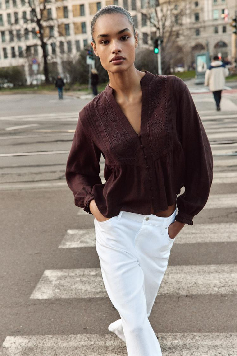 ZARA БЛУЗА С ВЫШИВКОЙ, КОРИЧНЕВЫЙ