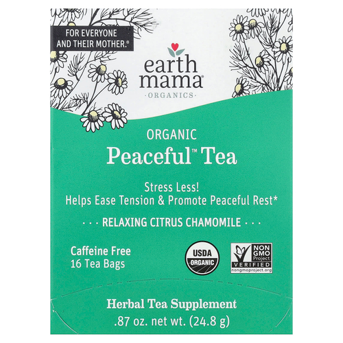 Earth Mama, Organics, Organic Peaceful™ Tea, расслабляющий чай с цитрусовыми и ромашкой, без кофеина, 16 чайных пакетиков, 24,8 г (0,87 унции)