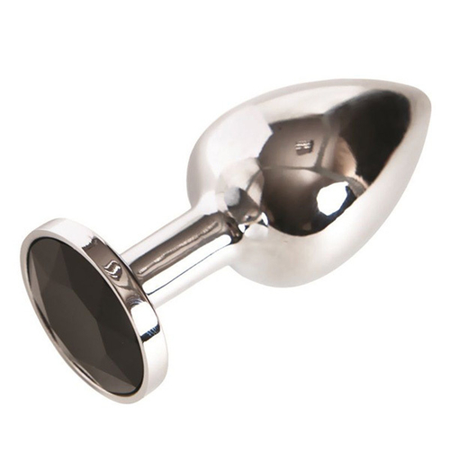 Маленькая серебристая анальная втулка 6см с чёрным кристаллом ToyFa Metal 712003