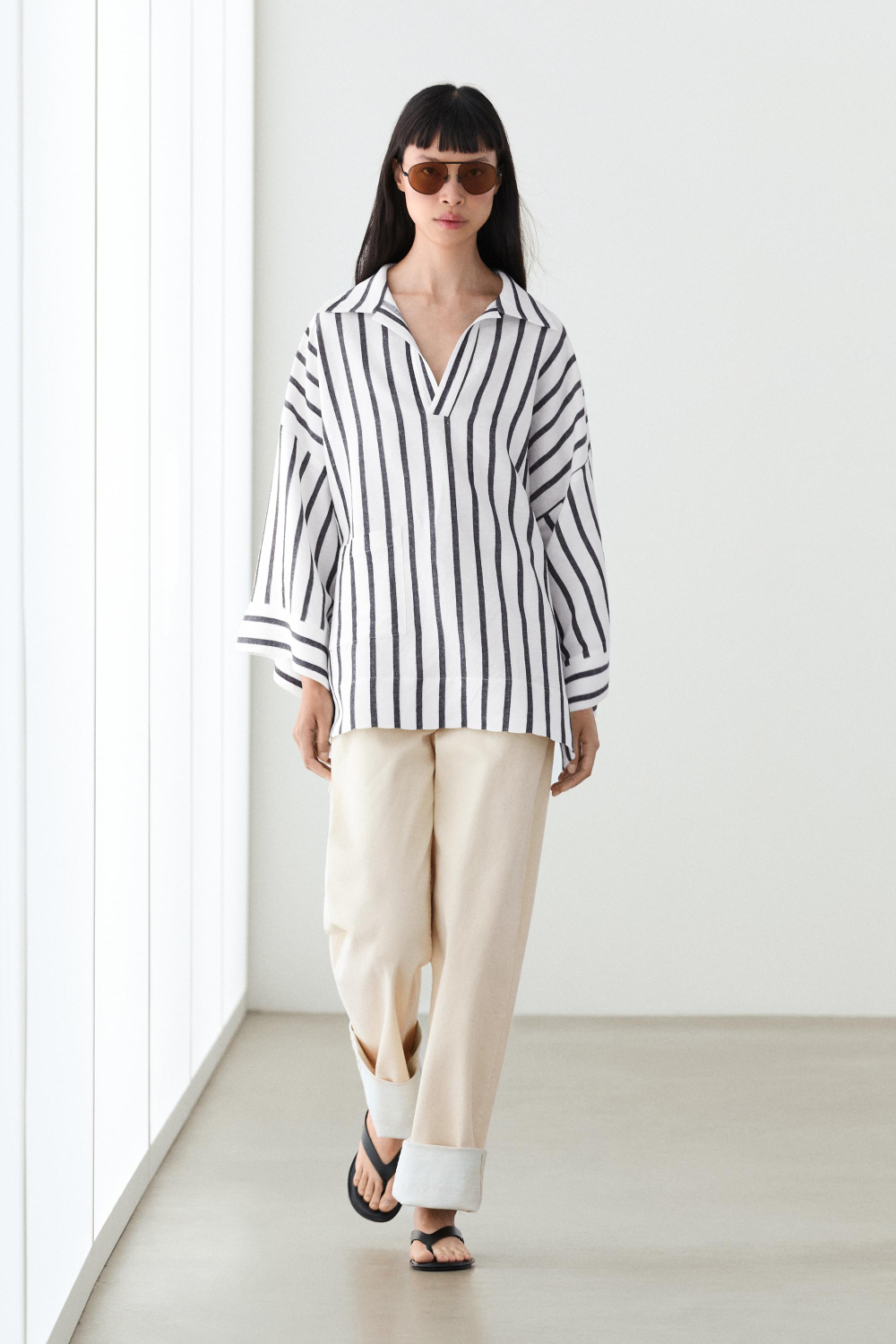 Massimo Dutti Рубашка оверсайз в полоску из льна, белый