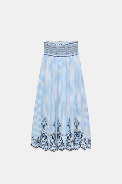 ZARA ЮБКА МИДИ В КЛЕТКУ С ВЫШИВКОЙ, СИНИЙ/БЕЛЫЙ