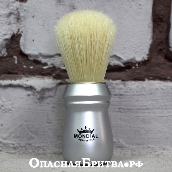 Помазок для бритья Mondial, пластик, свиной ворс, рукоять - матовый серебристый цвет
