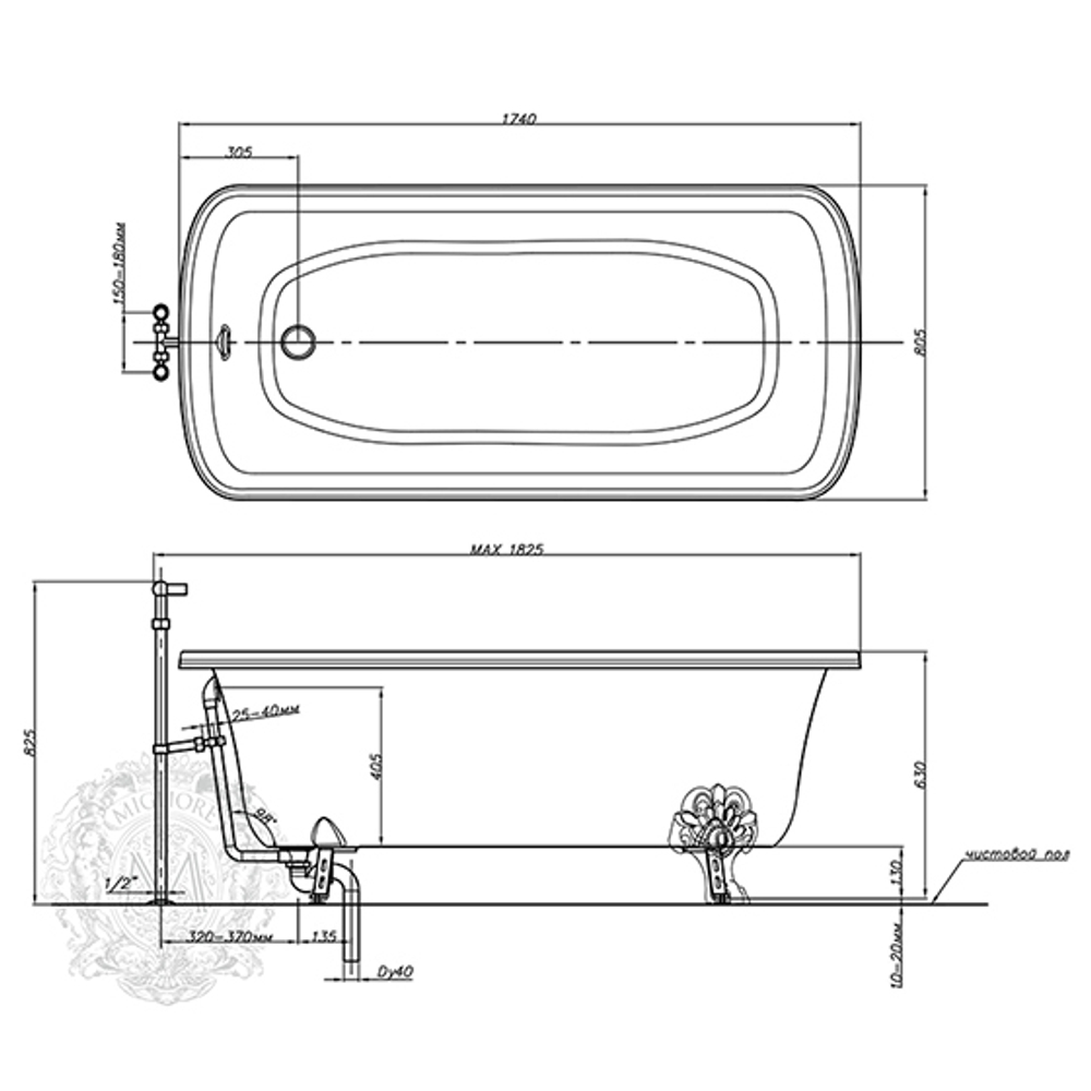 Ванна Migliore Olivia  24628 174x83xH66 см. белая, на лапах "Migliore" бронза схема
